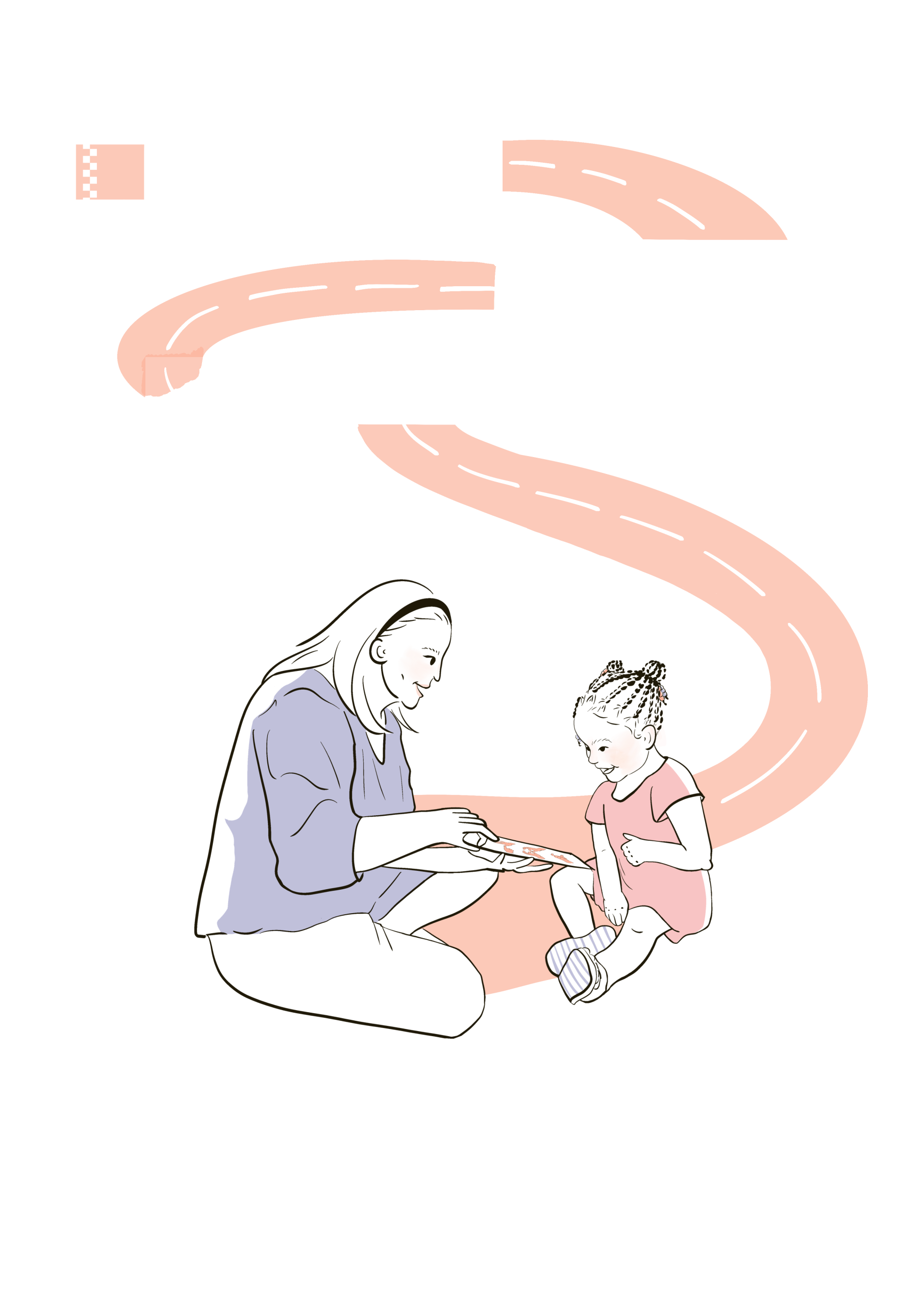 Illustration of a speech pathologist sitting on the floor with a young child, alongside a winding road