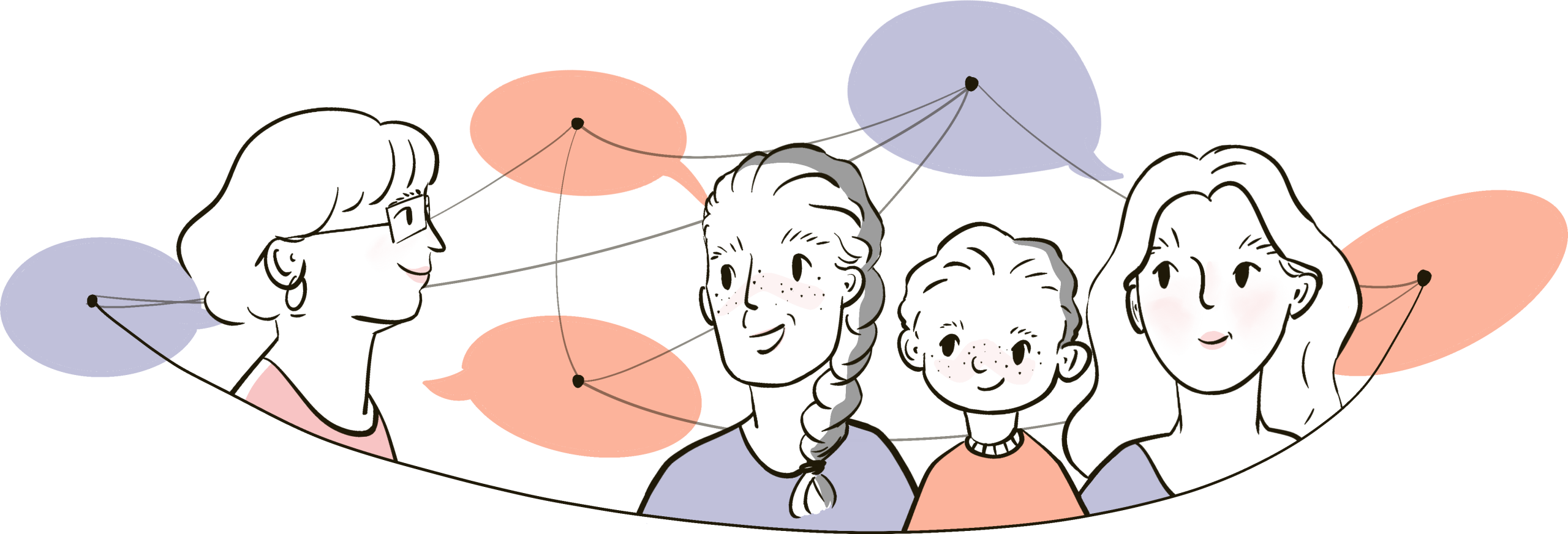 Illustration of a grandmother, a mother, a young child and another adult side by side, linked by speech bubbles